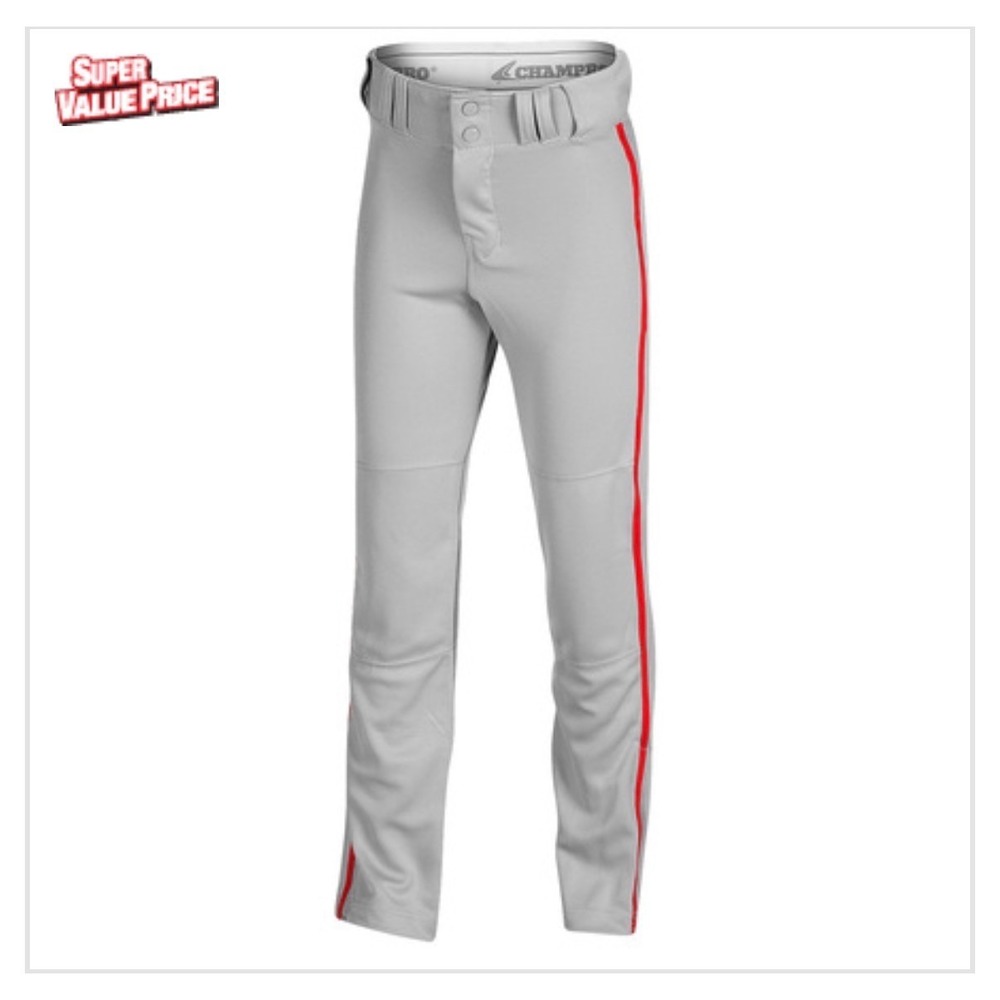 Champro‎ Triple Crown Youth Open-Bottom Piped Baseball Pants Grey/Red Medium NWT
